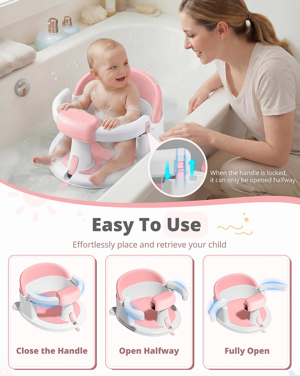 ONTHEWEI Baby Bath Seats for Babies Sitting Up, Non-Slip Baby Bathtub with 3 Suction Cups, Safe & Comfortable Toddler Bath Seat Ideal for Baby Bath/Shower Support, Stable Design, Pink (6-24 Months)