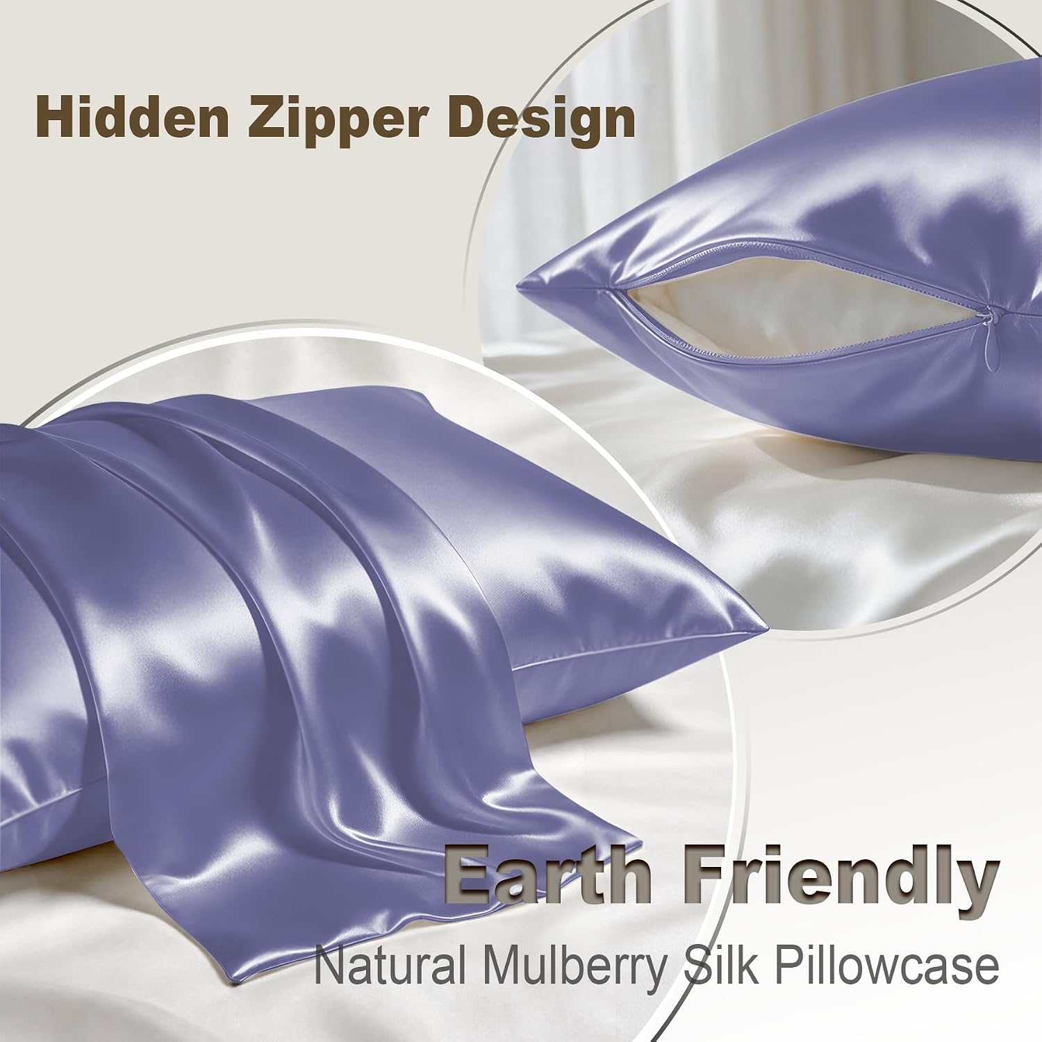 LYSHIN Silk Pillow Cases 2 Pack Queen Size with Zipper, Grayish Blue