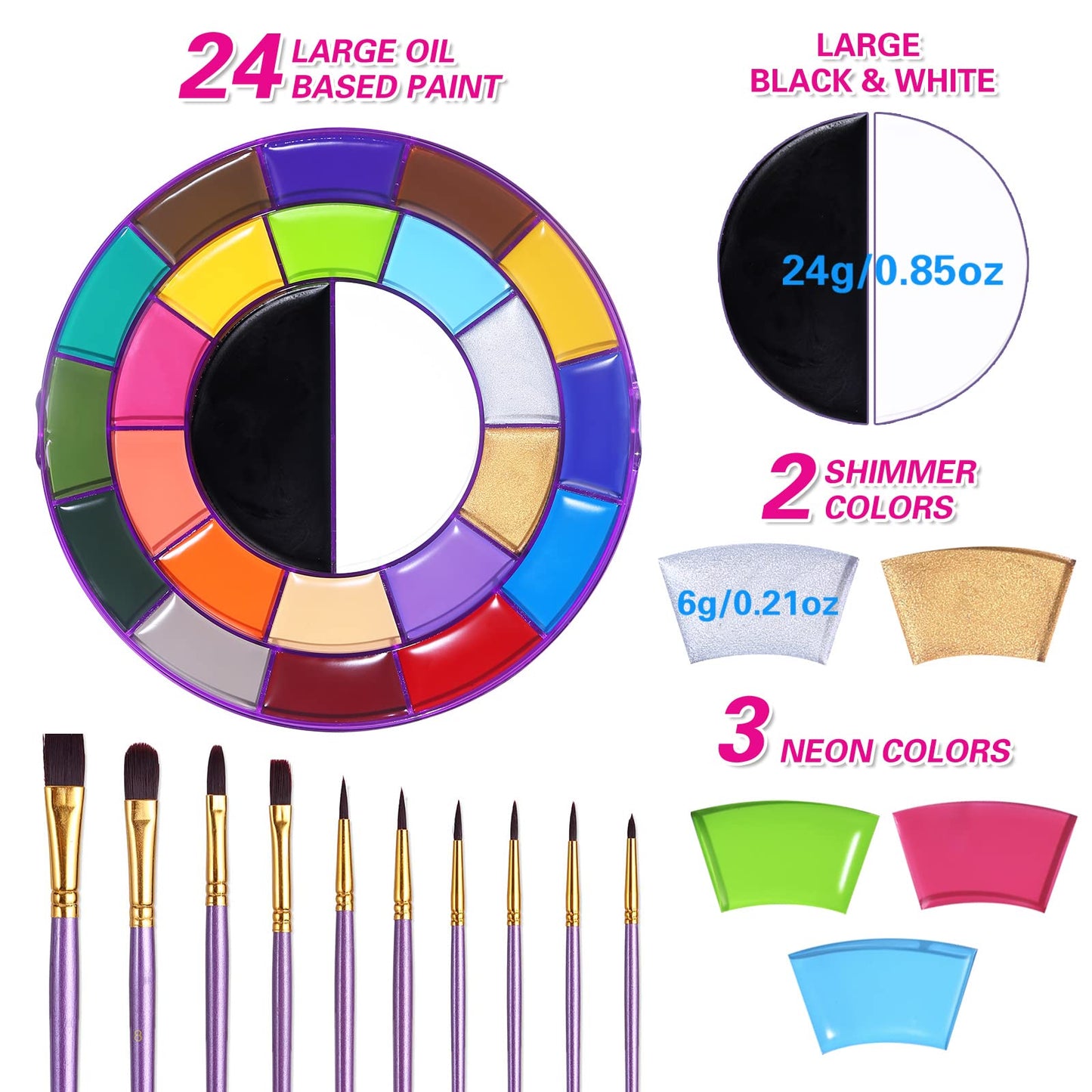 BOBISUKA Face Body Paint Palette Set, 24 Colors SFX Painting Makeup Kit + 10pcs Purple Artist Brushes, Large Black & White Pan, Neon Camo Oil Paint Set for Cosplay Halloween