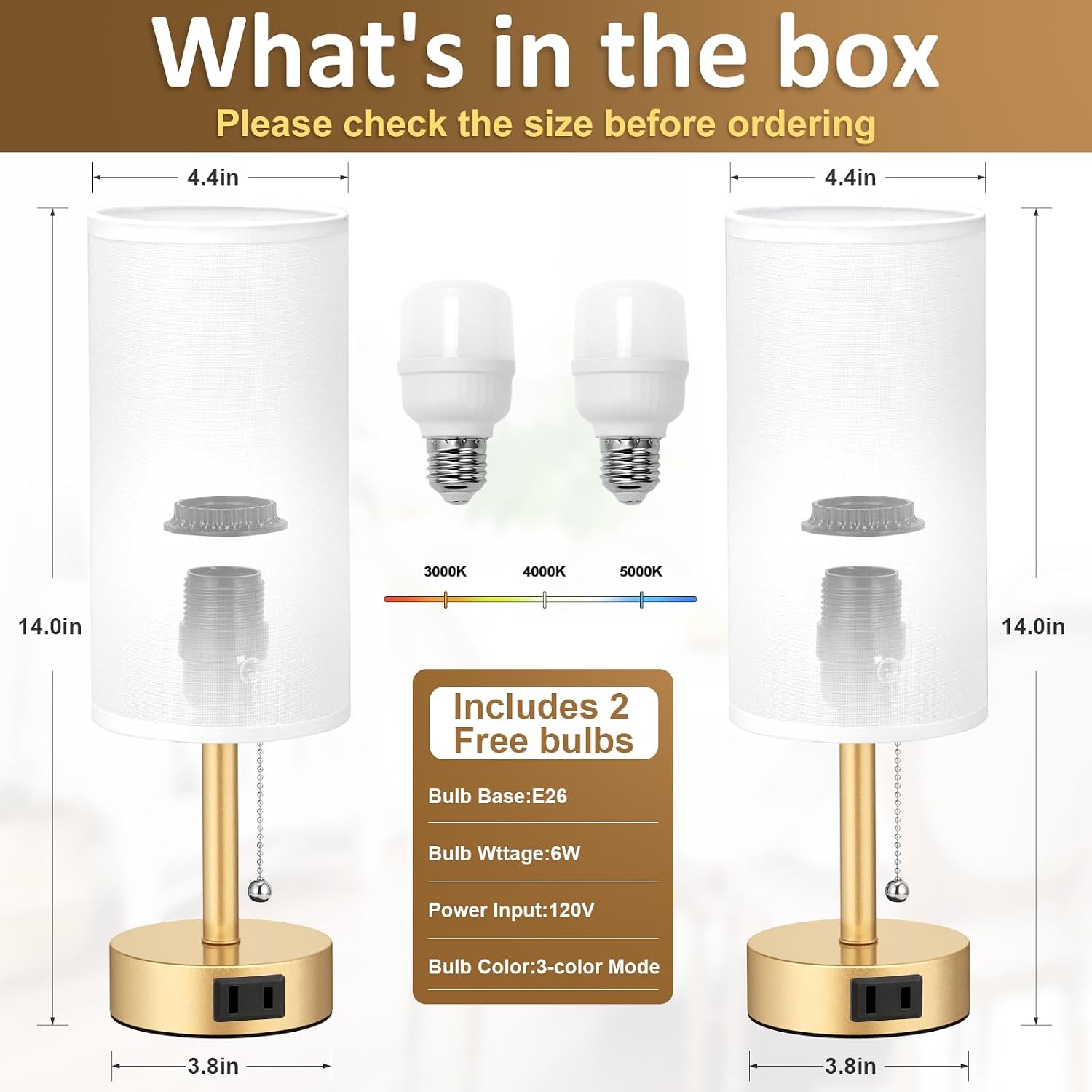 Gold Bedside Table Lamps Set of 2 - Bedroom Lamp for Desk, AC Outlet