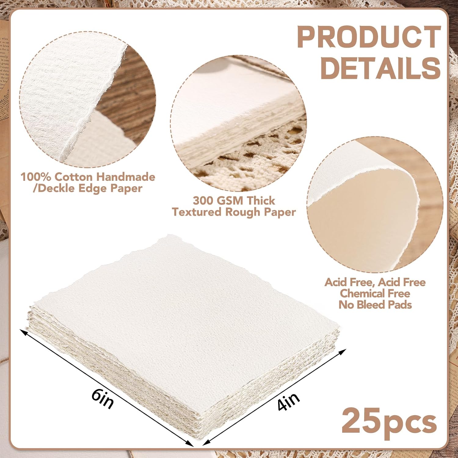Prudiut Cotton Watercolor Paper 25 Sheets 4 x 6 in, 300 GSM, Deckled Edge