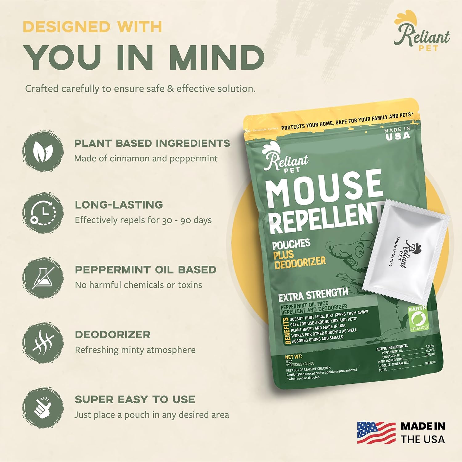 Reliant Pet Mouse Repellent Pouches - Rodent Repellent Made in USA (12 Pouches) - Keep Rodents Out of Cars Engines - Mice Repellent Indoor and Outdoor - Mouse Deterrents that Work with Peppermint Oil