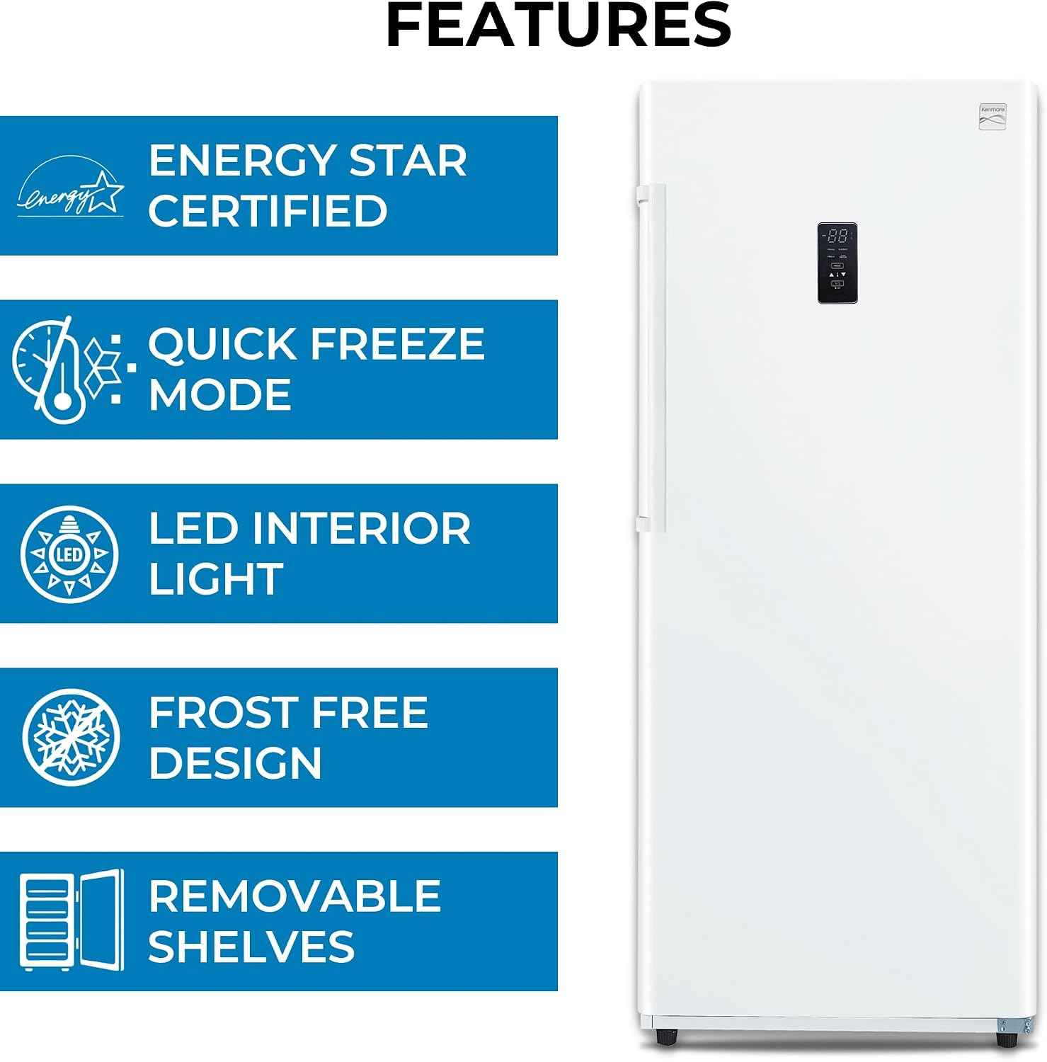Kenmore 17.0 Cubic Feet Capacity Upright freezer - Convertible Refrigerator/Freezer, 4 Shelves, Garage Ready, Meat Storage, Auto Defrost, Congelador For Home, Apartment, Basement, Dorm,White