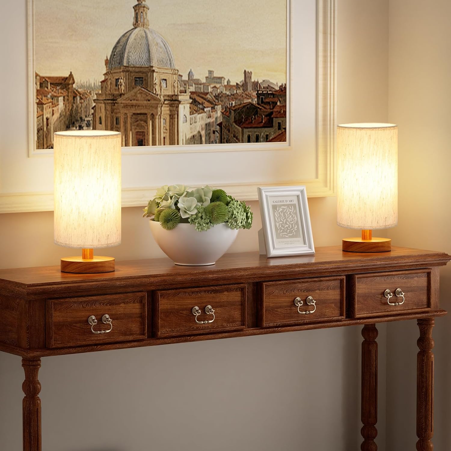 Desk Small Lamps Set of 2 (Cream Shade - Walnut Base, 9" Inline Control)