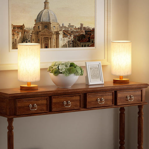 Desk Small Lamps Set of 2 (Cream Shade - Walnut Base, 9" Inline Control)