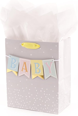 Hallmark 9" Medium Baby Gift Bag with Tissue Paper (Banner on Grey)