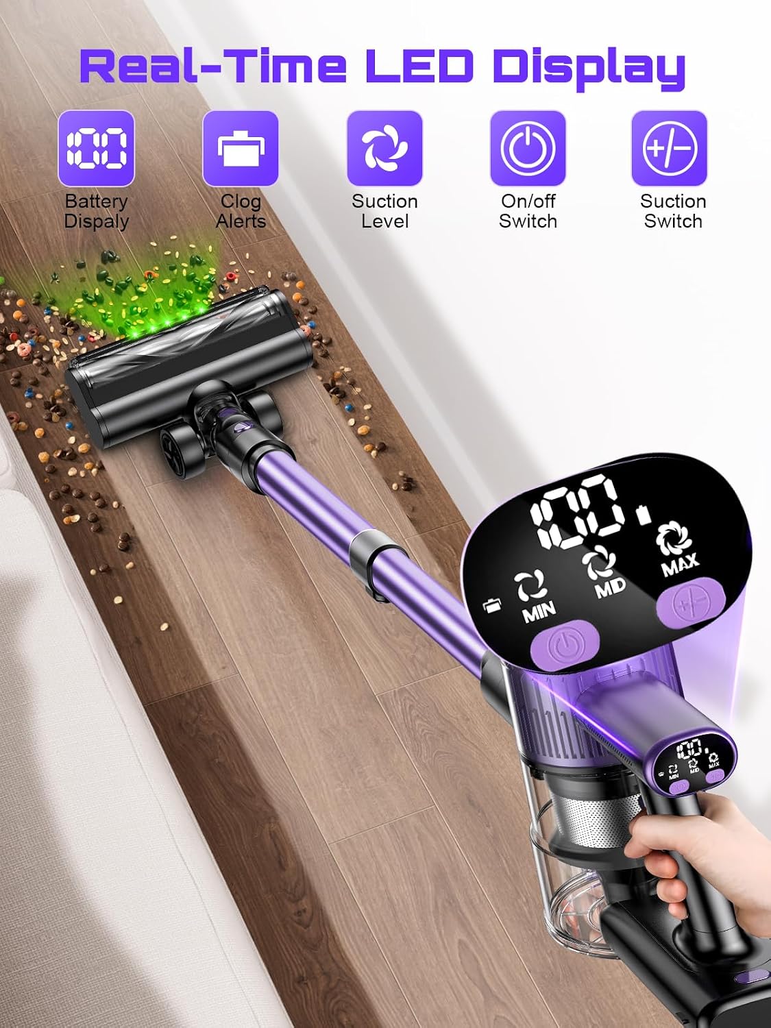 Cordless Vacuum Cleaner, 10 in 1 Stick Vacuum with Powerful Suction, Hose, Green LED Light, Anti-Tangle Brush, Lightweight Rechargeable Vacuum Cleaner for Home, Hardwood Floors,Pet Hair (Purple)