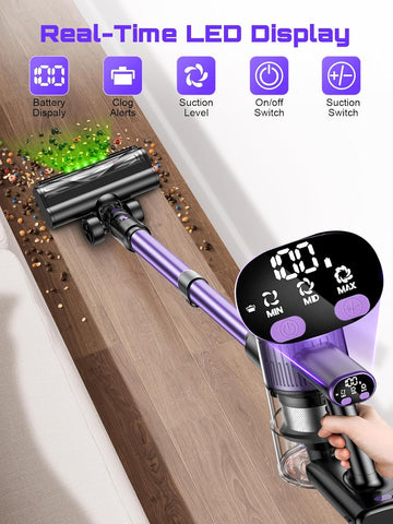 Cordless Vacuum Cleaner, 10 in 1 Stick Vacuum with Powerful Suction, Hose, Green LED Light, Anti-Tangle Brush, Lightweight Rechargeable Vacuum Cleaner for Home, Hardwood Floors,Pet Hair (Purple)