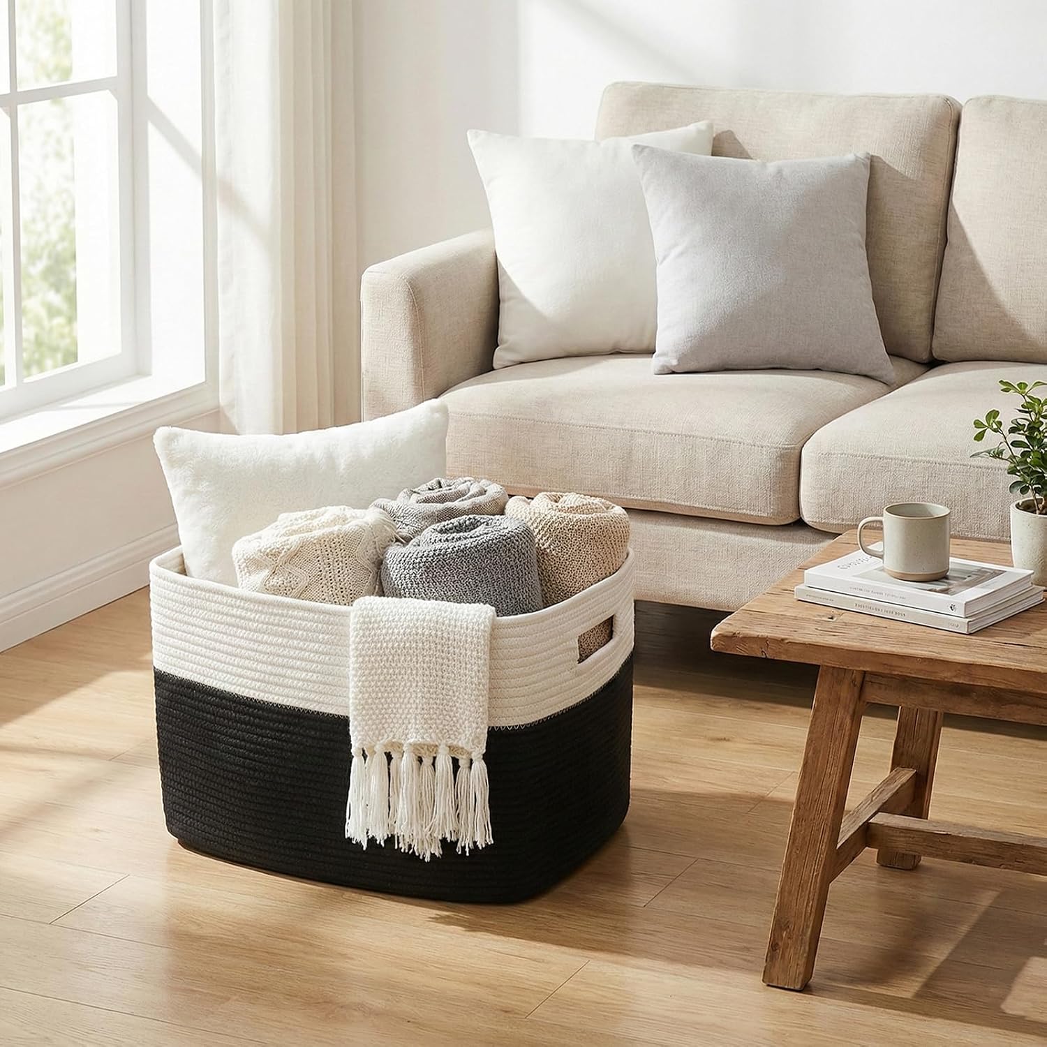 JMvicyroam 96L Large Woven Cotton Rope Blanket Basket, White&Black