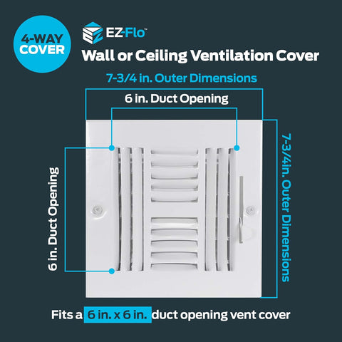 EZ-FLO 6 x 6 Inch (Duct Opening) Air Vent Cover for Wall or Ceiling, Four-Way Ventilation Register, Solid Steel HVAC Register Cover, White, 61617