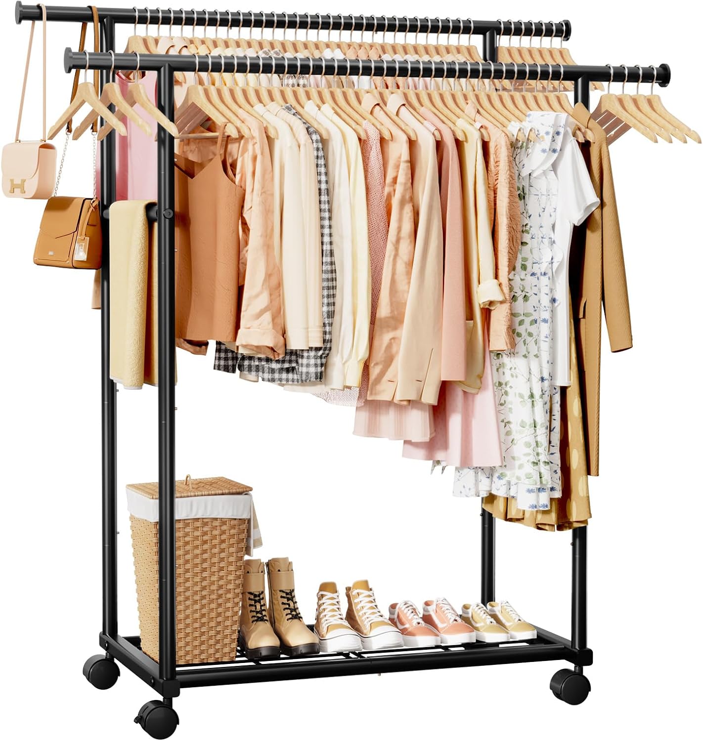 Sakugi Double Rods Clothes Rack - Metal Clothing Rack with Fixed Double Rods, Rolling Wheels & Built-In Shelf for Closet, Bedroom, Laundry Storage (39" x 17" x 60", Pink)