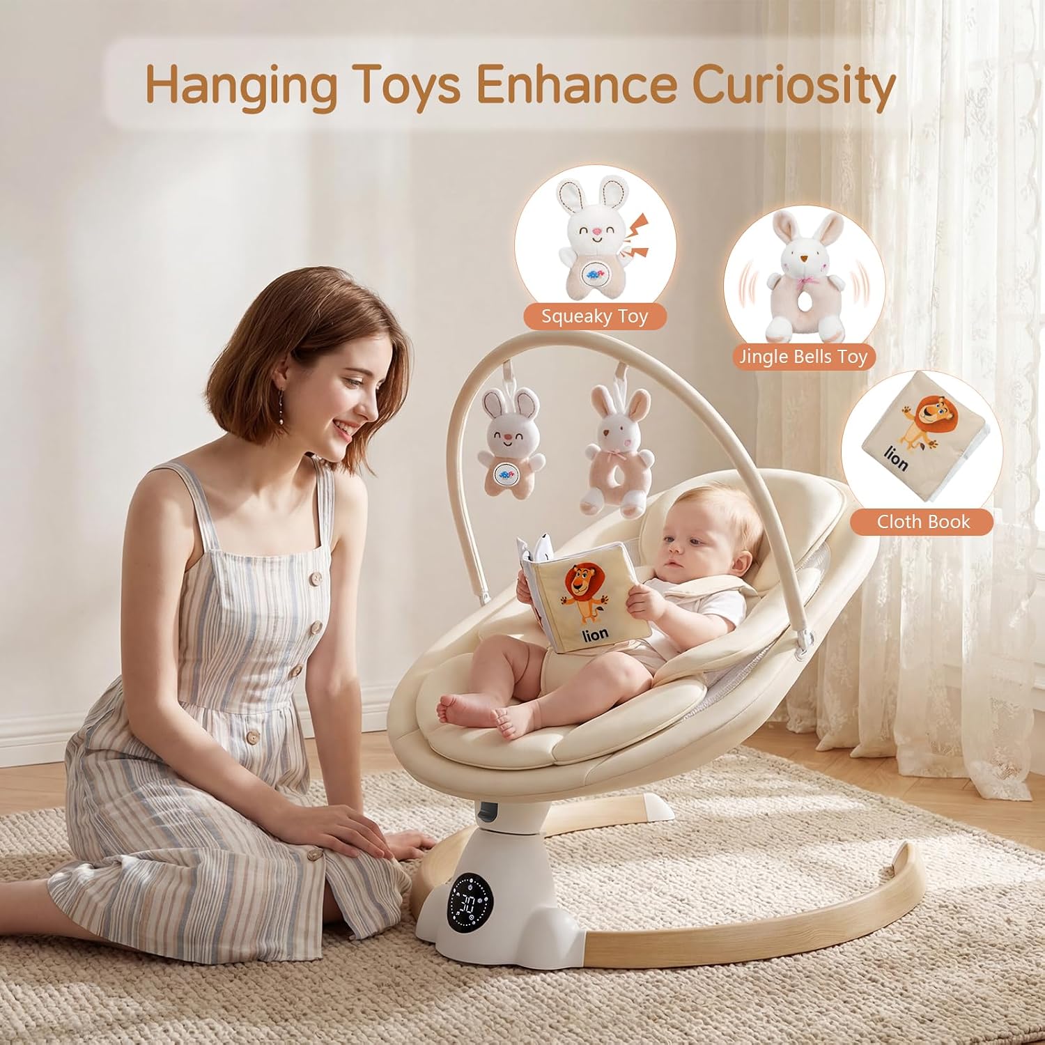 Baby Swing for Infants, Portable Electric Baby Swings with Bluetooth, 5 Swing Speed, 10 Melodies, 5-Point Harness, Remote Control & Touch Panel - Infant Swing for Indoor & Outdoor Use, Beige