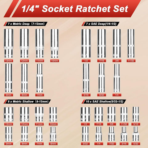 Egofine 117 Pieces 1/4 & 3/8 inch Drive Socket Ratchet Wrench Set, Metric/SAE Size, with Bit Socket Set and Extension Bar for Auto Repairing and Household, with Storage Case