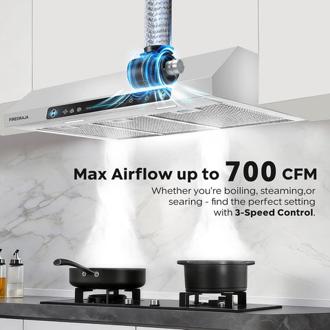 36 Inch Under Cabinet Range Hood, 700 CFM Kitchen Vent Hood with Touch & Gesture Control, 3-Speed Quiet Operation, Stainless Steel with LED Lights, Ducted/Ductless