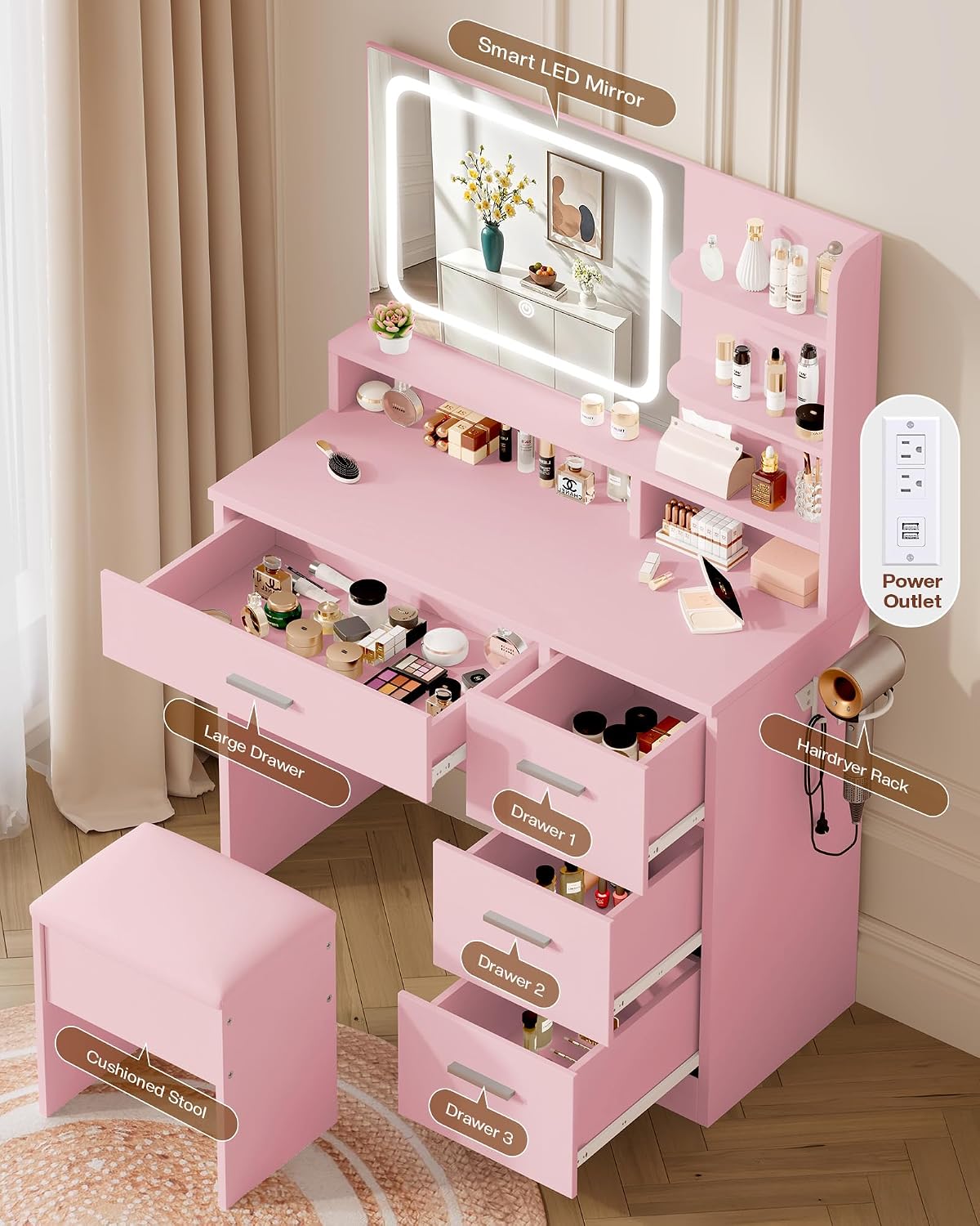 LIVELYGLOW Makeup Vanity Desk Set, 35.4" Wx15.7”Dx53.9“H, Pink (Smart LED Mirror, with Cushion Stool, Hairdryer Rack, Power-Outlet, 4 Drawers, Open Shelves)
