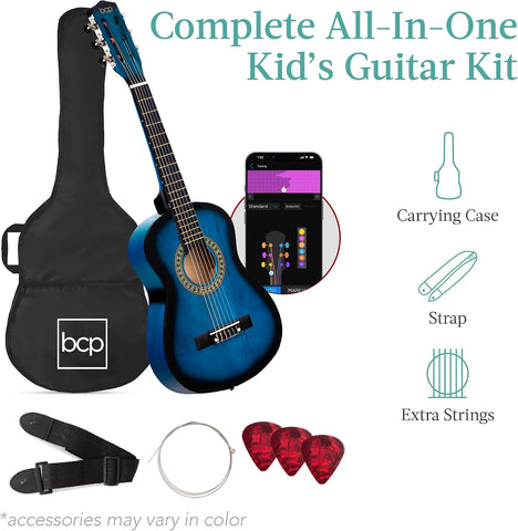 Best Choice Products 30in Kids Acoustic Guitar, All-in-One Beginner Starter Kit w/Strap, Case, Extra Strings, Rosette Inlay - Blueburst