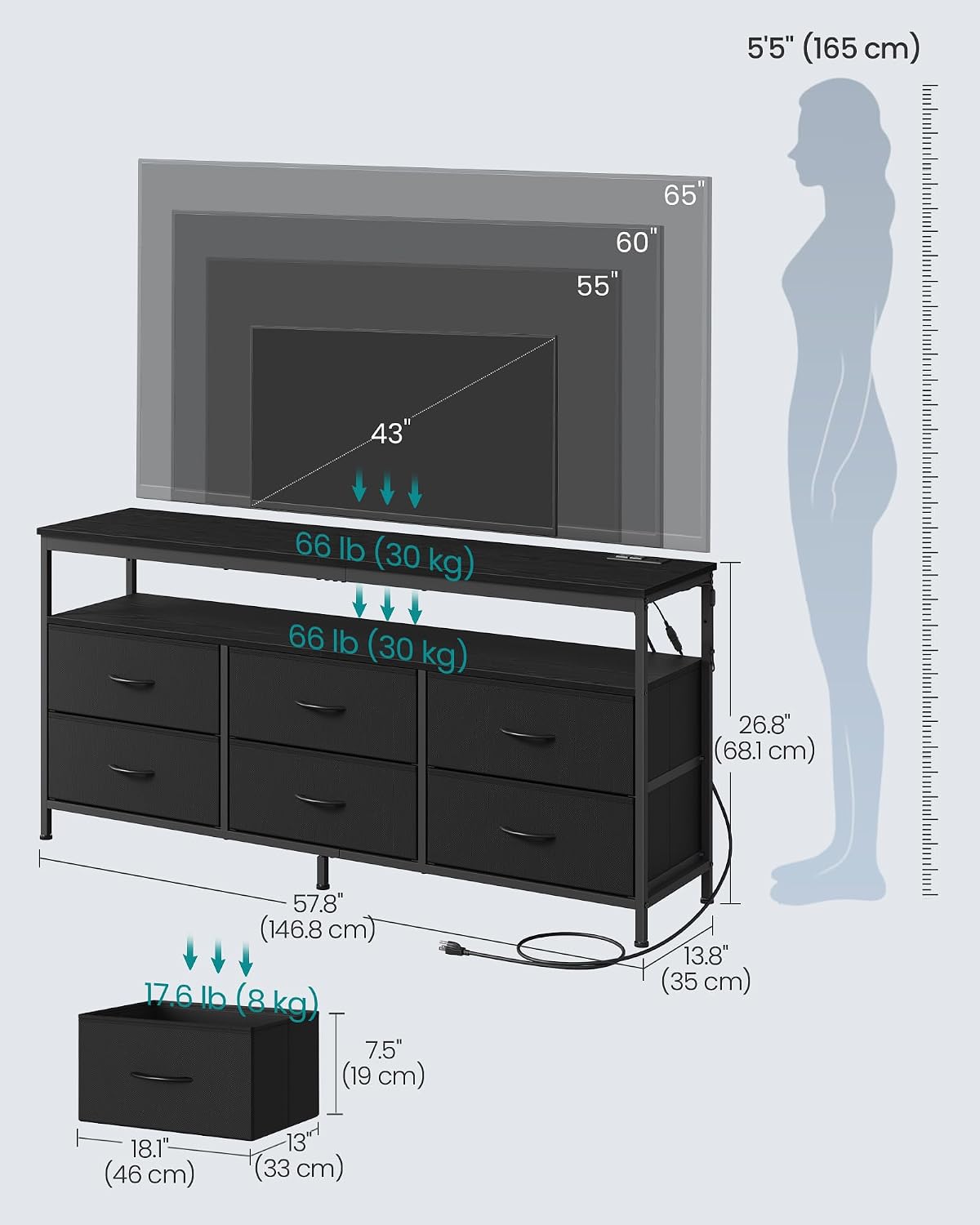 SONGMICS Dresser for Bedroom, Wide Dresser with 6 Drawers & Open Shelf