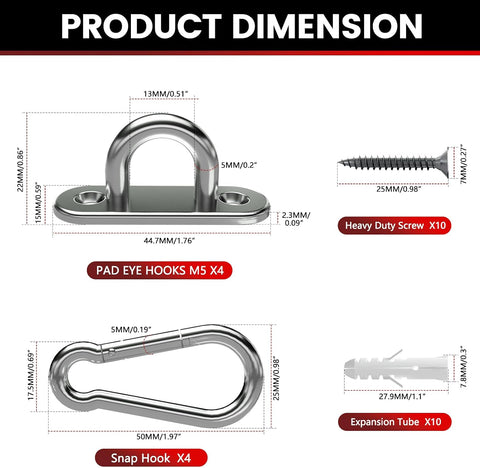 sprookber 304 Stainless Steel Pad Eye Snap Hook, M5 Ceiling Hook 500Lb,8Pcs