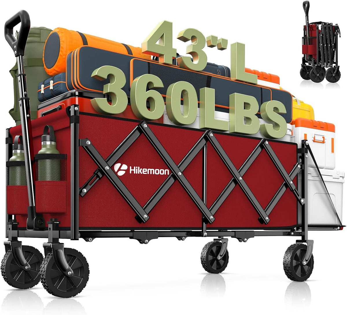 HIKEMOON 43'' Extra Long Folding Wagon with Extended Tailgate, Red