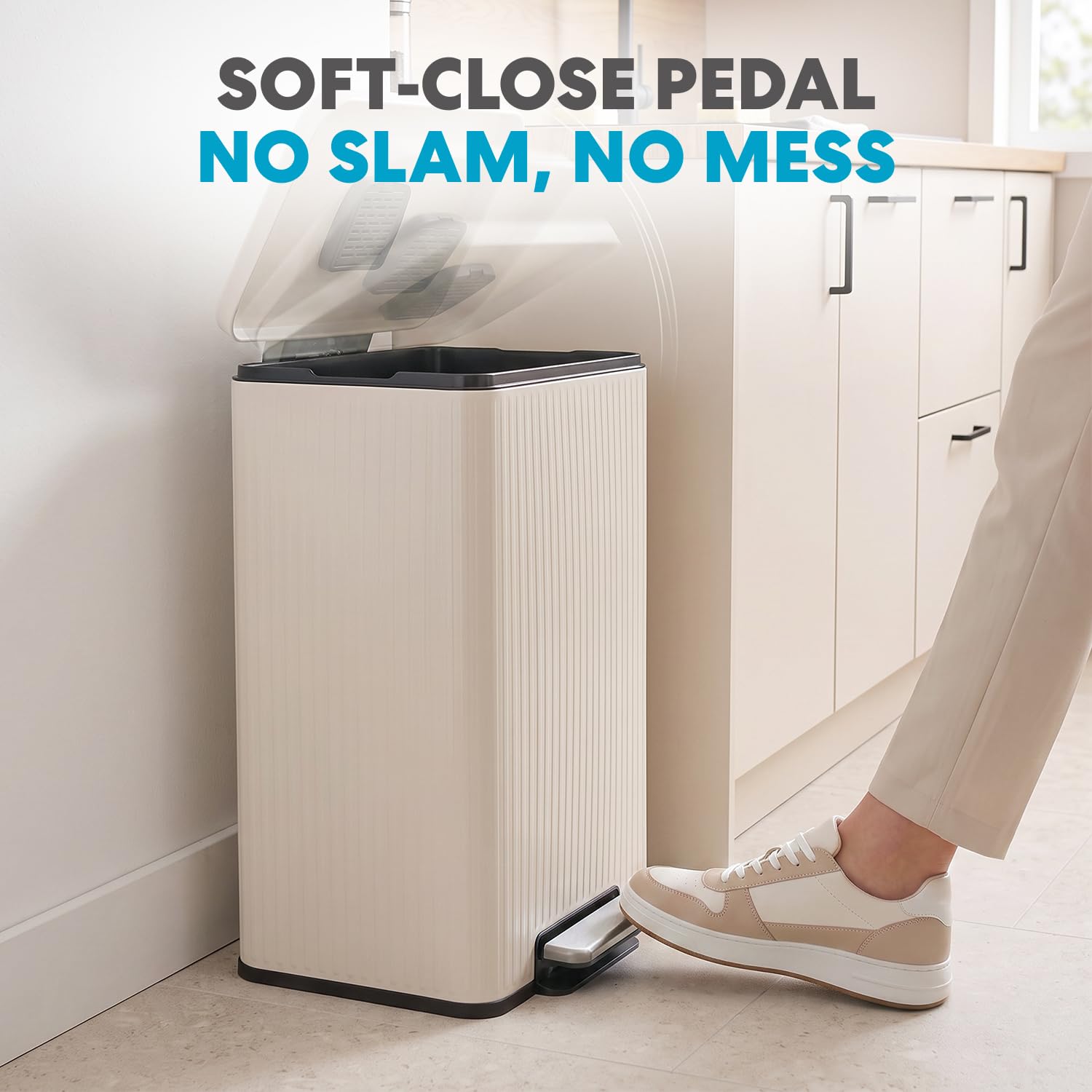 SIMPLI-MAGIC Fluted Kitchen Trash Can, 13 Gallon (50L), Soft-Close Lid, Hands-Free Foot Pedal, Removable Inner Bucket, Cream
