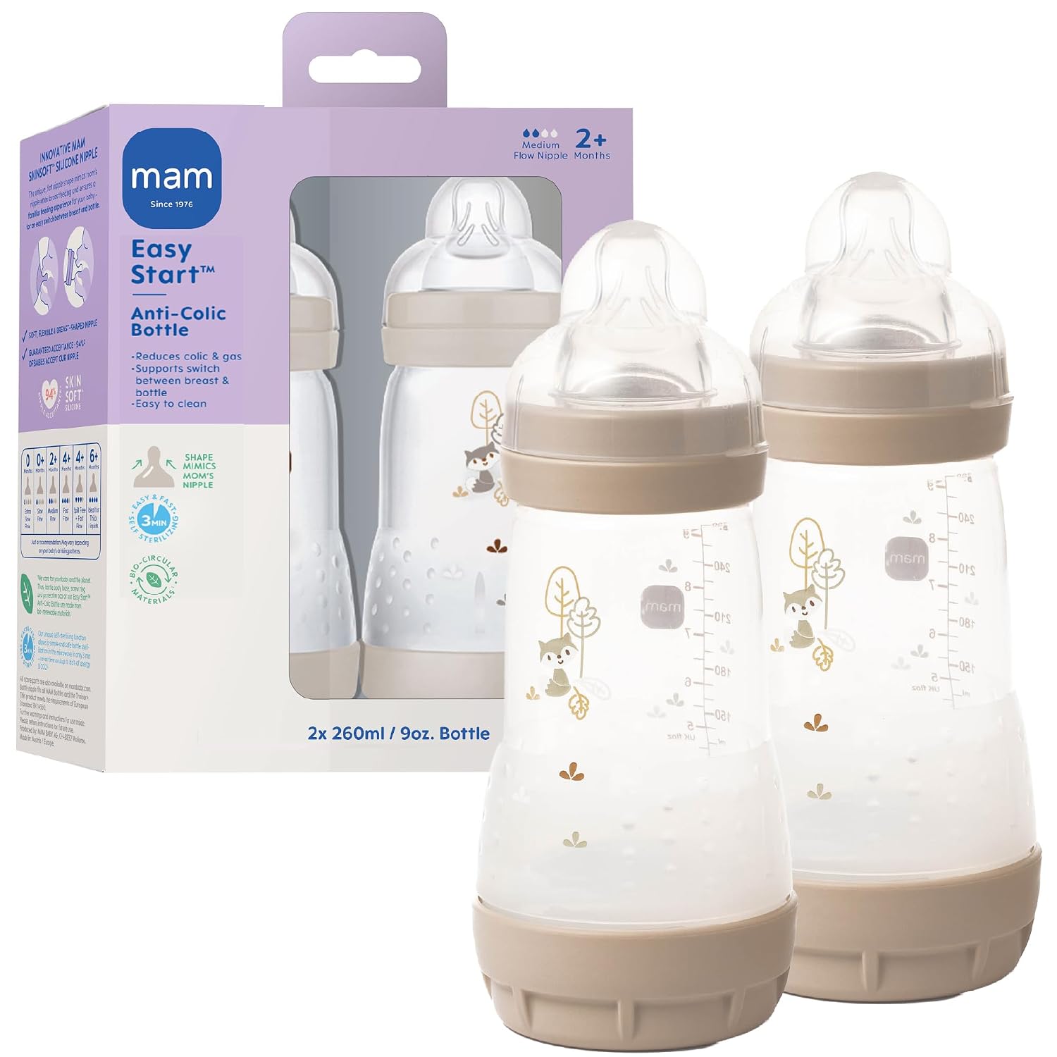 MAM 9oz Easy Start Anti-Colic+ Vented Baby Bottle, 2+ Months, 2 Pk, Unisex
