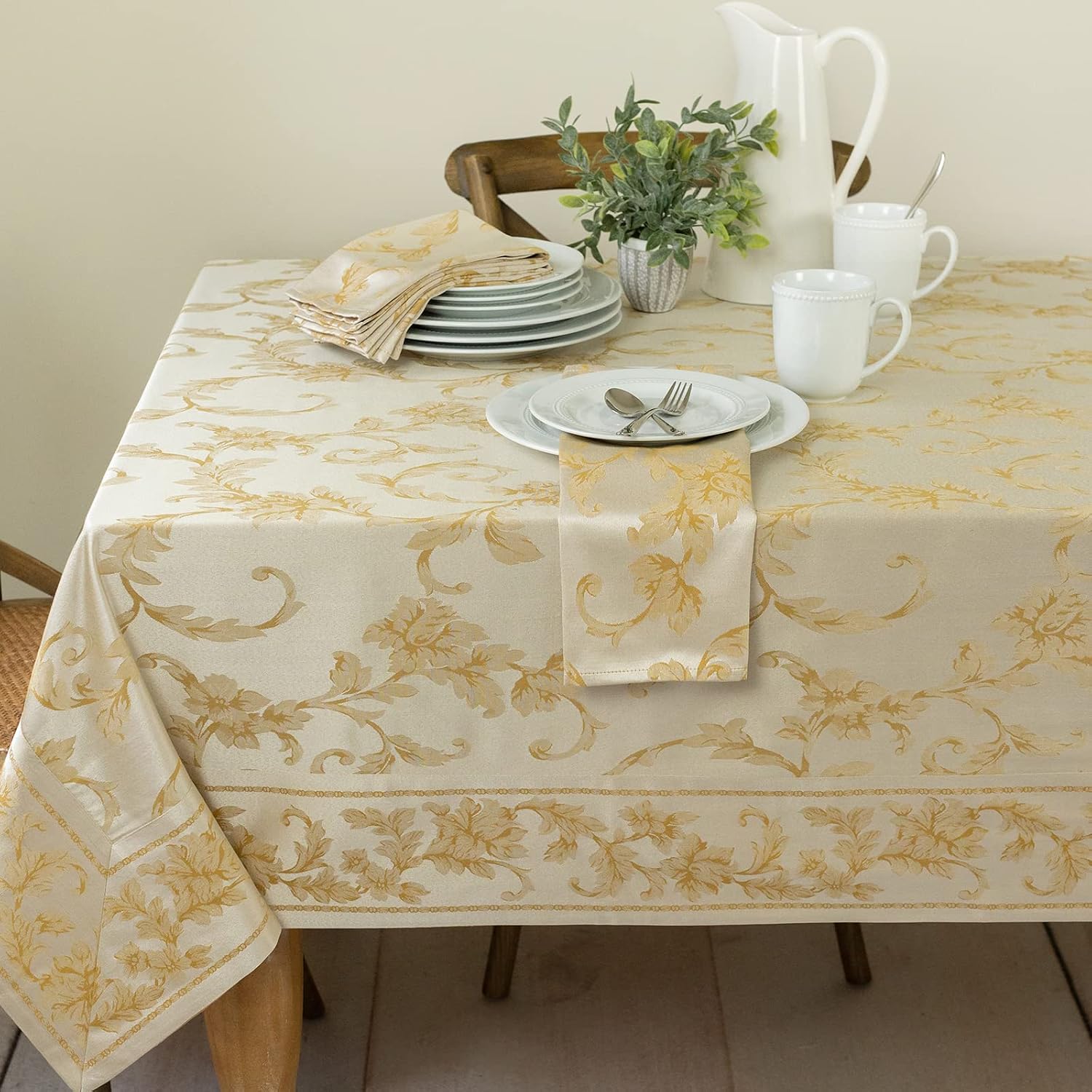 Benson Mills Harmony Scroll Woven Damask Fabric Tablecloth, Everyday, Parties, Special Occasions, Weddings and Holiday Table Cloth (60" X 120" Rectangular, Silver – Gold)