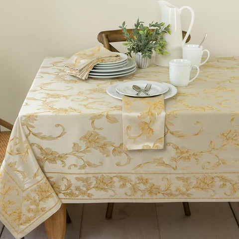 Benson Mills Harmony Scroll Woven Damask Fabric Tablecloth, Everyday, Parties, Special Occasions, Weddings and Holiday Table Cloth (60" X 120" Rectangular, Silver – Gold)