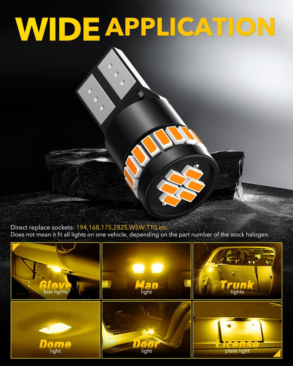 AUXITO 194 LED Bulb Amber Yellow Canbus Error Free, 168 175 2825 W5W T10 LED Replacement Light Kit for Car Interior Map Dome Trunk Exterior Marker License Plate Parking Lights, Pack of 2