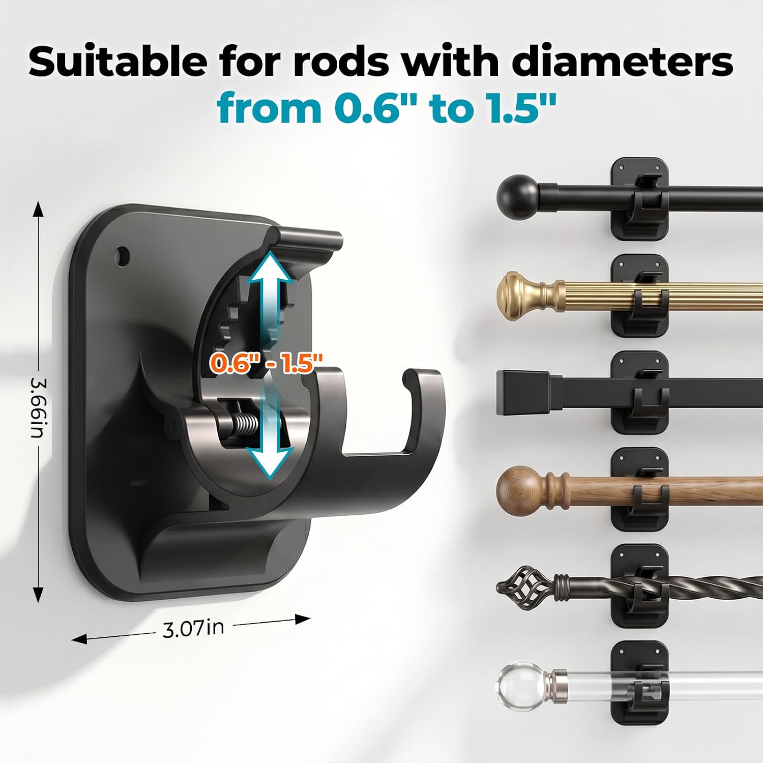 JHCJHC No Drill Curtain Rod Brackets-20LB,4 Pcs Adhesive Curtain Rod Holder