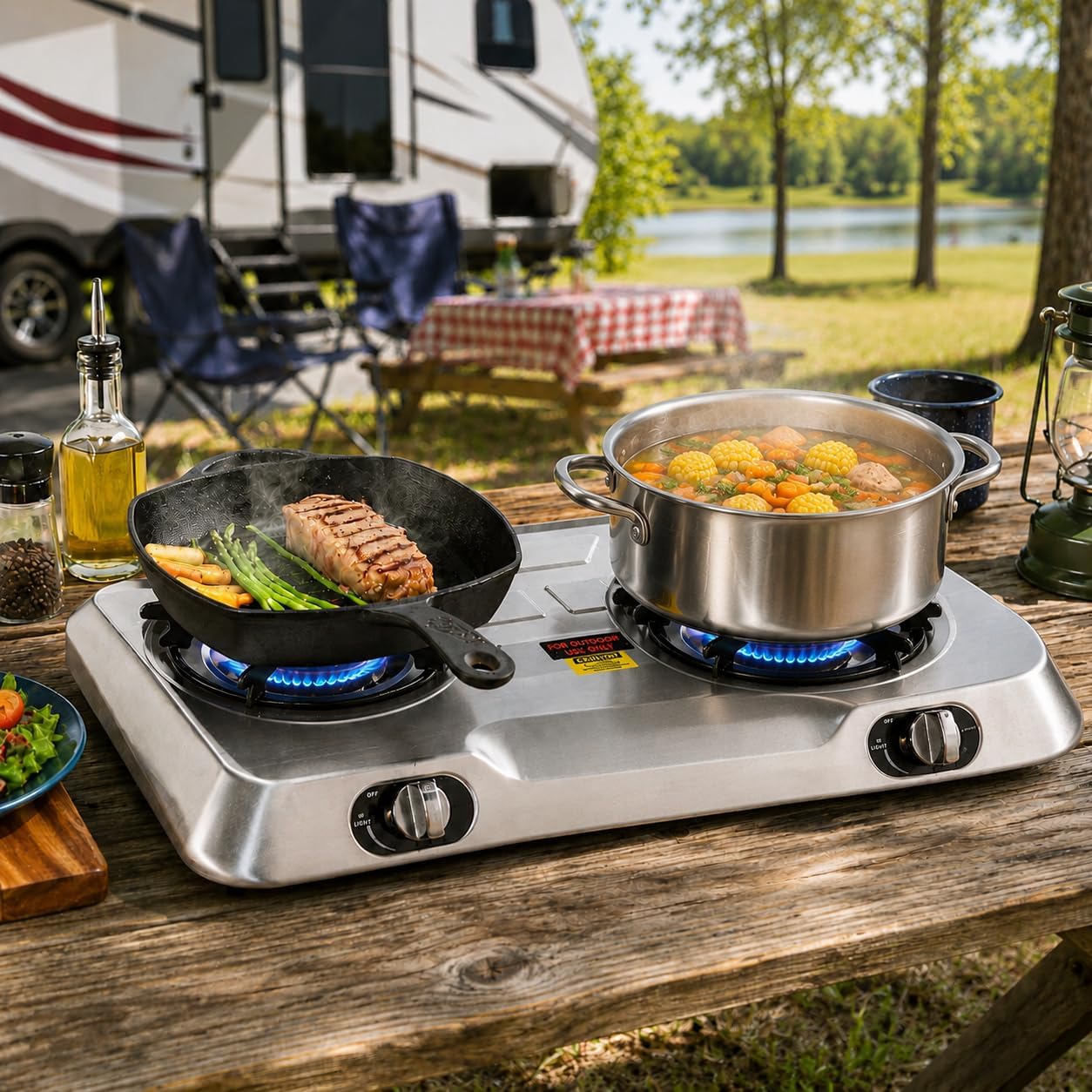 XtremepowerUS Double Burner Propane Stove, 25,516 BTU Outdoor Camping Cooktop with Auto Ignition, Portable Stainless Steel LPG Gas Stove for Camping, RV, Tailgating & Outdoor Cooking