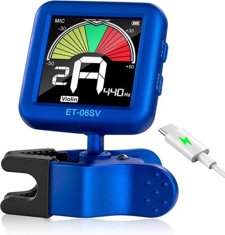 ENO MUSIC Rechargeable Type-C Quick Charge Easy Control Big LCD Display Easy Reading Clip-on Tuner for 4/4 Violin Viola Bass, Blue