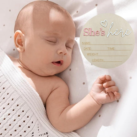 Baby Announcement Sign, ​5.9 Inch Wooden Hello World Newborn Signs, Birth Announcement Sign, Gender Reveal Signs, He's here Decoration, Welcome Newborn Arrival To World (She's,Pink-D)