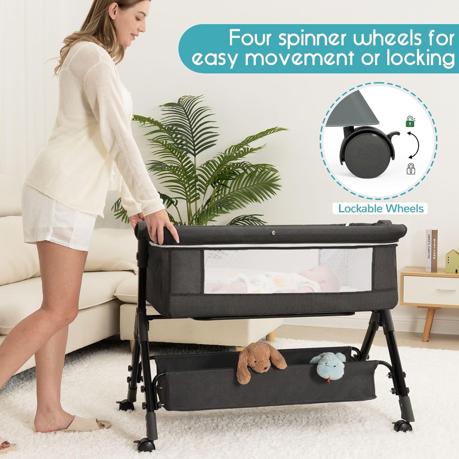BCOL Baby Bassinet, Bedside Bassinet for Baby, 3 in 1 Bassinet Bedside Sleeper with Wheels, Mosquito Net, Adjustable Easy Folding Portable Bed for Infant Newborn (Dark Grey)