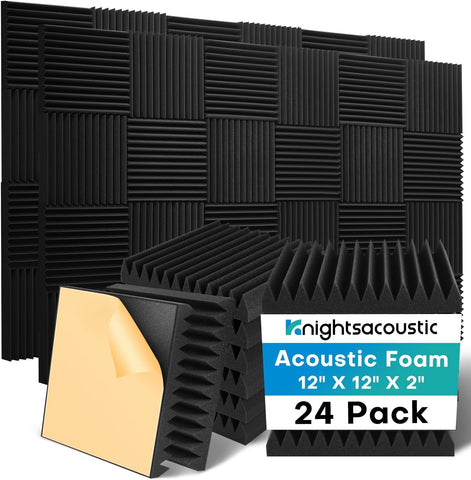 Knightsacoustic 24 Pack Sound Proof Foam Panels for Walls with Self Adhesive, 12x12x2 Acoustic Foam Panels, High Density Acoustic Panels Sound Absorbing, Fire Resistant Studio Sound Proofing Black