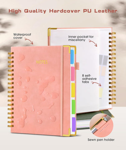 Hardcover Spiral Notebook journal with Removable Dividers Tabs, 300 Pages Leather 5 Subject Notebook College Ruled, 8"x10" Large B5 Notebooks for Work School Note taking, Lined Journal for Women,Pink