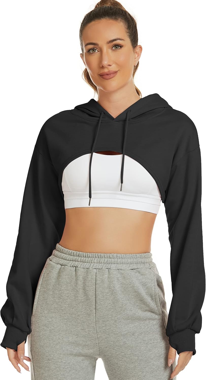 Flygo Womens Cut Out Super Cropped Hoodie Long Sleeve Active Sweatshirt