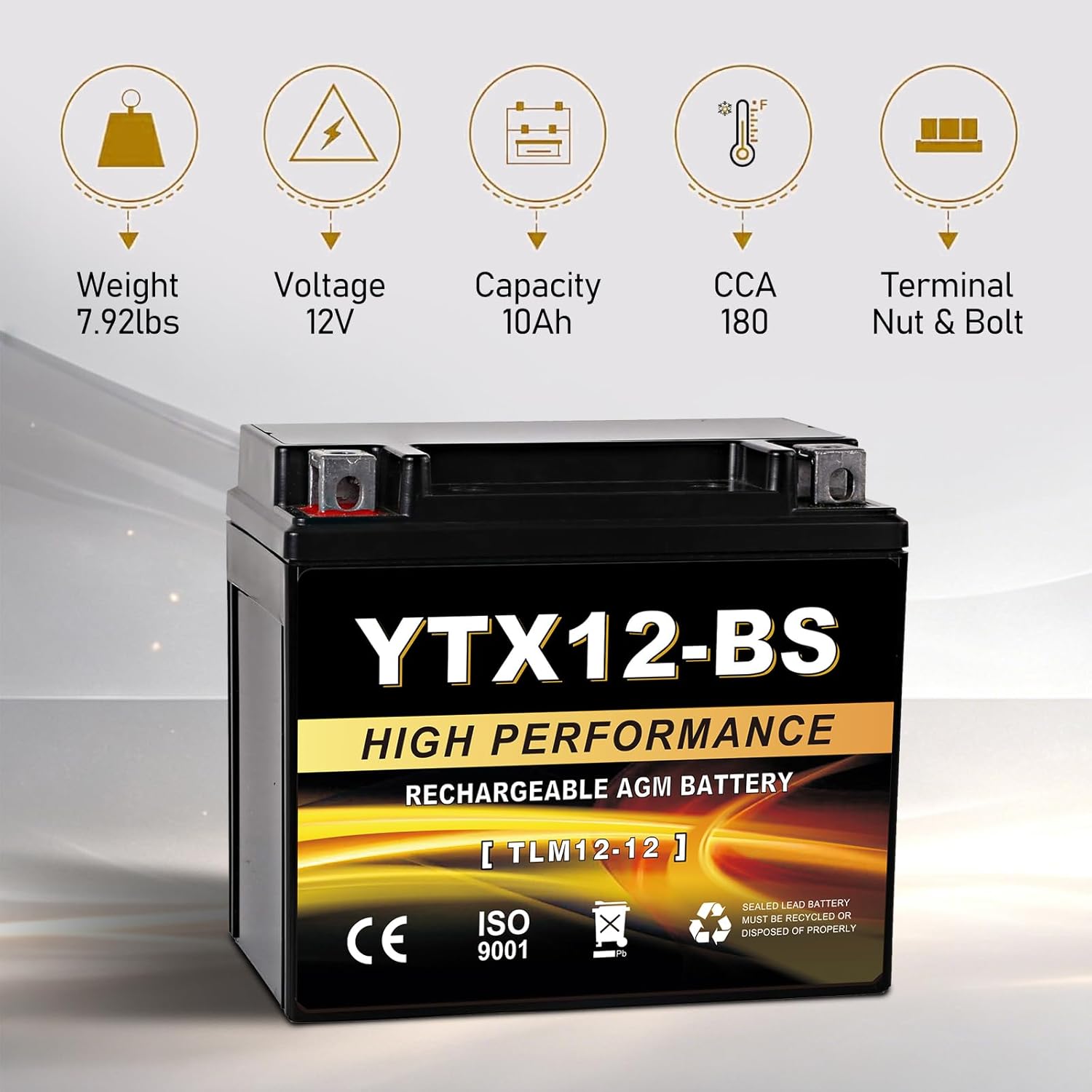 YTX12-BS 12V 10Ah AGM Sealed Motorcycle Battery, Maintenance-Free, Compatible with Honda Kawasaki Suzuki Yamaha Powersports
