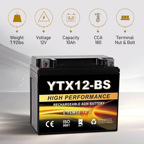 YTX12-BS 12V 10Ah AGM Sealed Motorcycle Battery, Maintenance-Free, Compatible with Honda Kawasaki Suzuki Yamaha Powersports