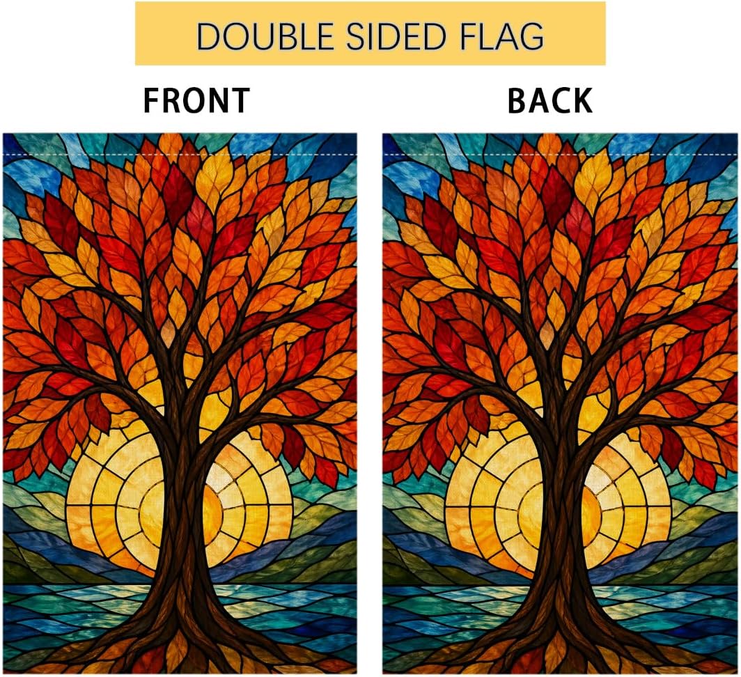 Fall Stained Glass Tree of Life House Flag 28x40 Sunset Leaves Yard Decor