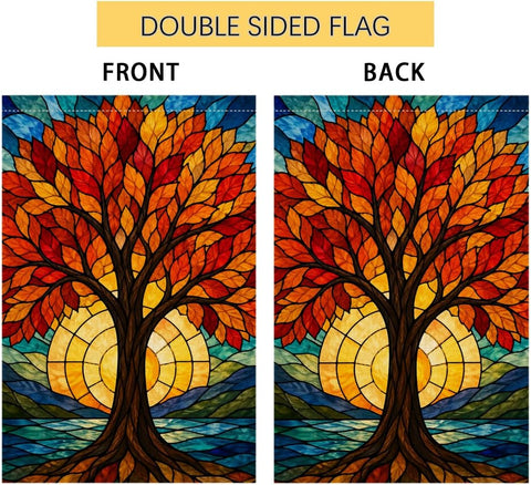 Fall Stained Glass Tree of Life House Flag 28x40 Sunset Leaves Yard Decor