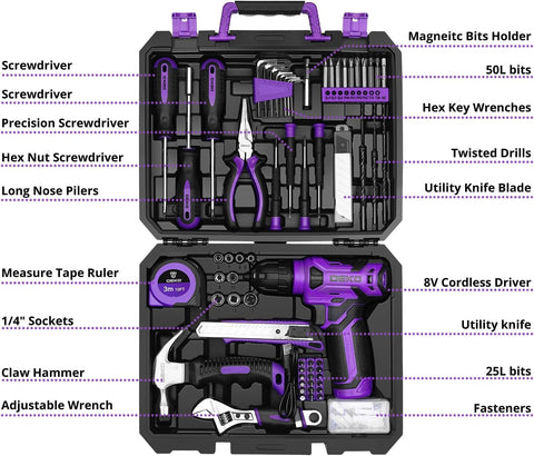 DEKOPRO Tool Set: Tool Kit with 8V Cordless Drill, Hand Toolbox with storage case, Tool set for Home Repairs 126 Piece, Purple