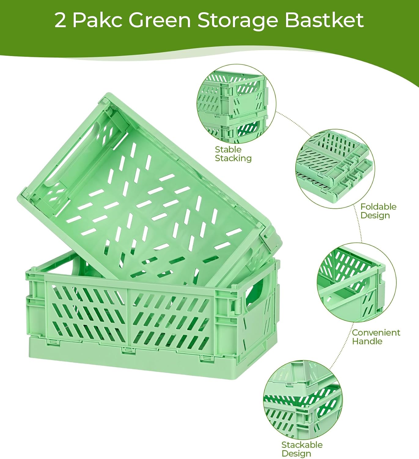 HUUSMOT 4-Pack Collapsible Plastic Storage Baskets, Green, 9.8"x6.5"x3.8"