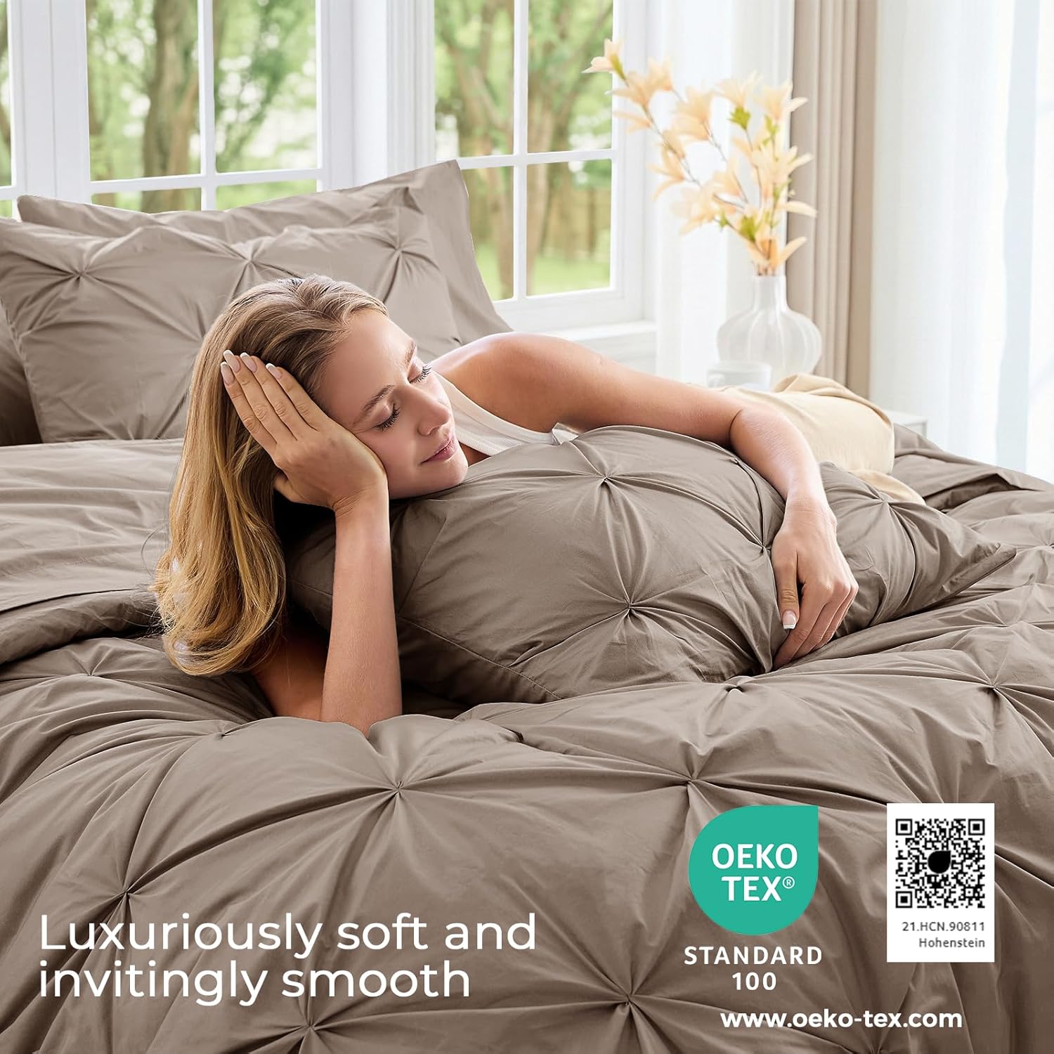 Sasttie Queen Comforter Set, 7-Piece Bed in a Bag, Pintuck Bedding Sets for All Season, Includes Comforter, Flat Sheet, Fitted Sheet, Pillowcases and Pillowshams, Dark Linen
