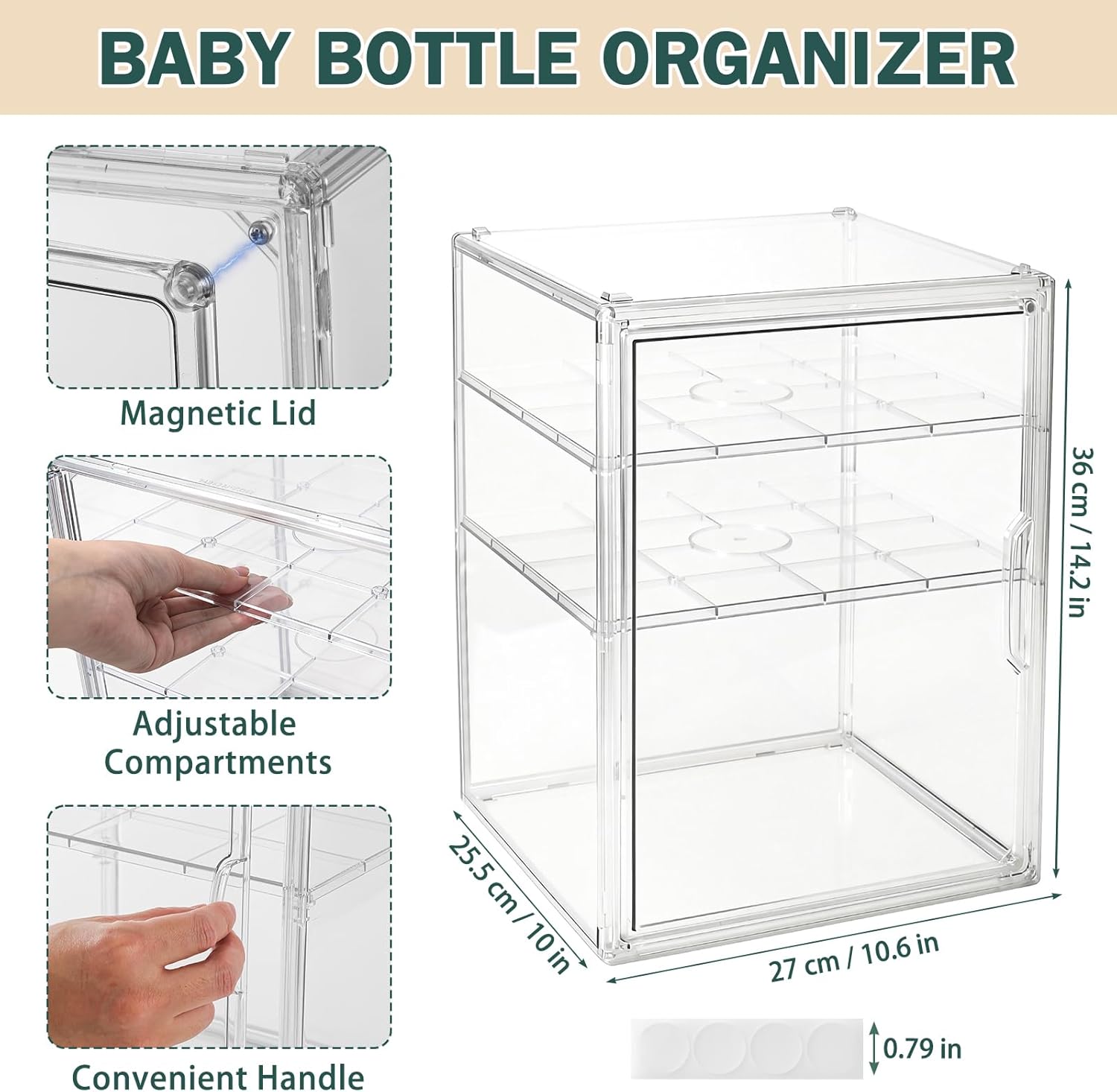 Baby Bottle Organizer, 3 Tiers Acrylic Bottle Storage Organizer Container, Clear Plastic Bottle Station Organizer with 2 Adjustable Dividers for Kitchen Countertop, Bathroom, Cabinet, Vanity (Large)