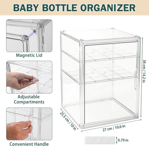 Baby Bottle Organizer, 3 Tiers Acrylic Bottle Storage Organizer Container, Clear Plastic Bottle Station Organizer with 2 Adjustable Dividers for Kitchen Countertop, Bathroom, Cabinet, Vanity (Large)