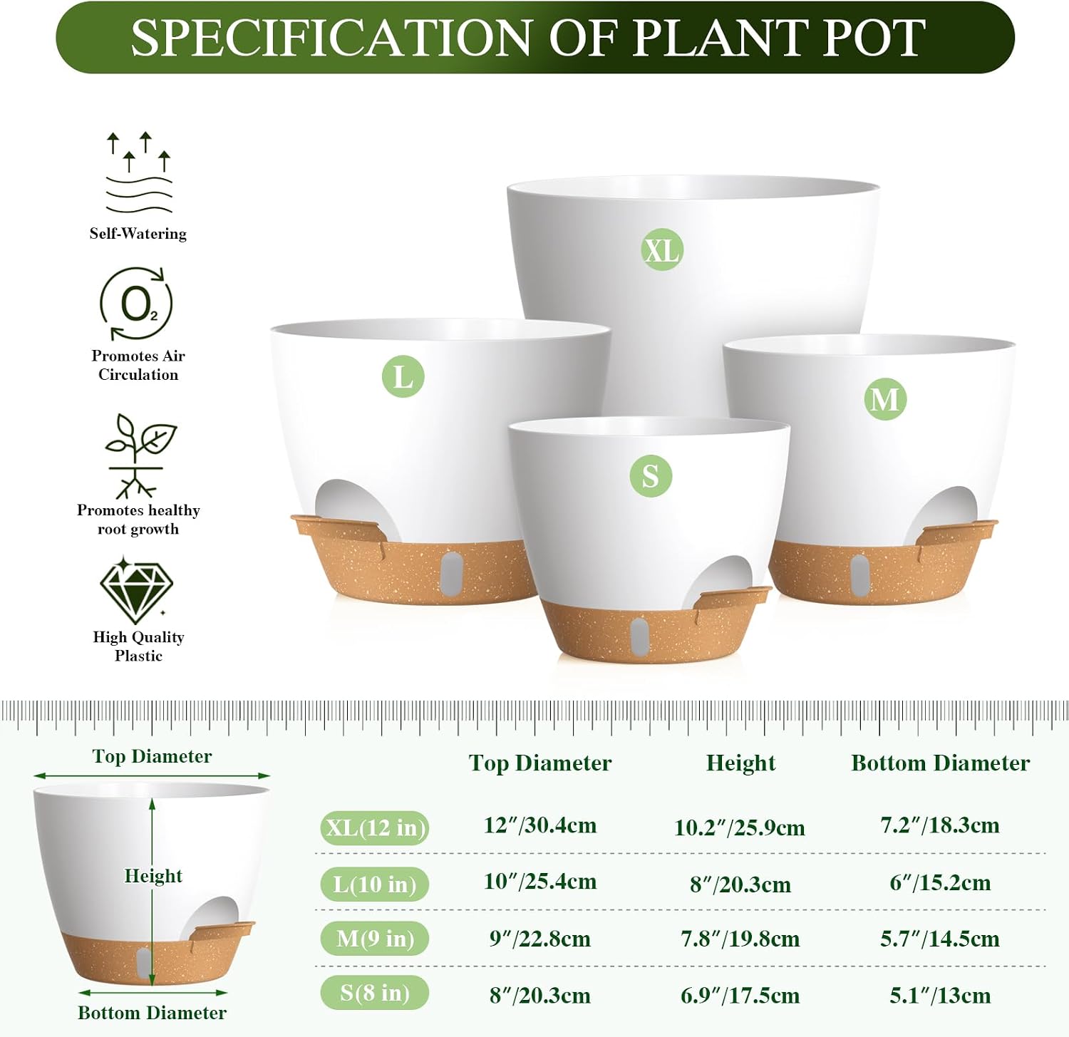 Plant Pots, 4 Pack 12/10/9/8 Inch Self Watering Pots with Drainage Holes, Water Level Indicator Deep Reservoir, Large Planters for Indoor Outdoor Plants - White Brown