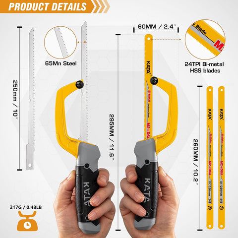 KATA 10 Inch Mini Hacksaw for Metal & Wood Cutting with 4-Piece Blades