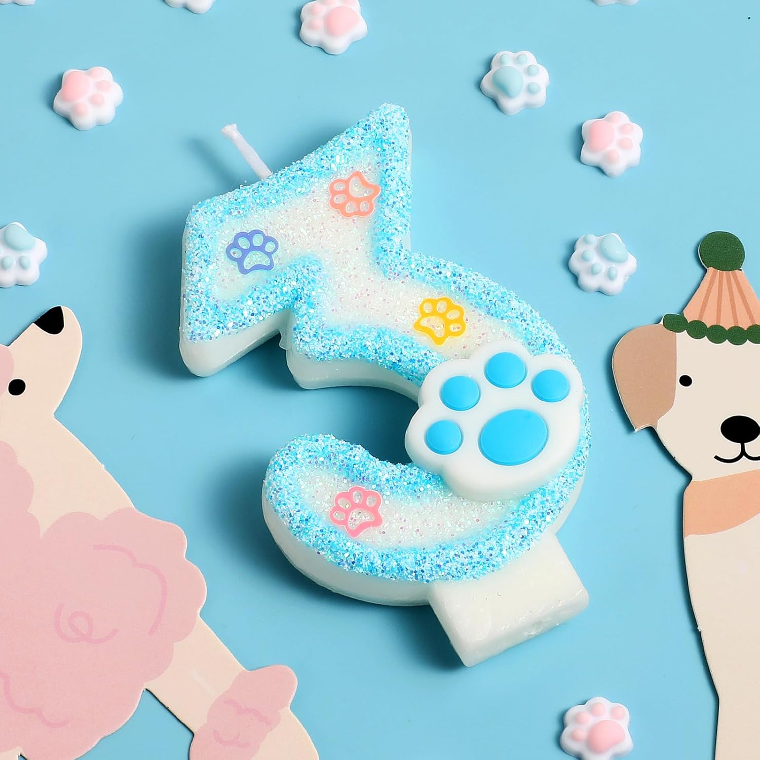AKURIEEY Dog and Cat 3rd Birthday Candle Blue Paw Numbers 3 Candle