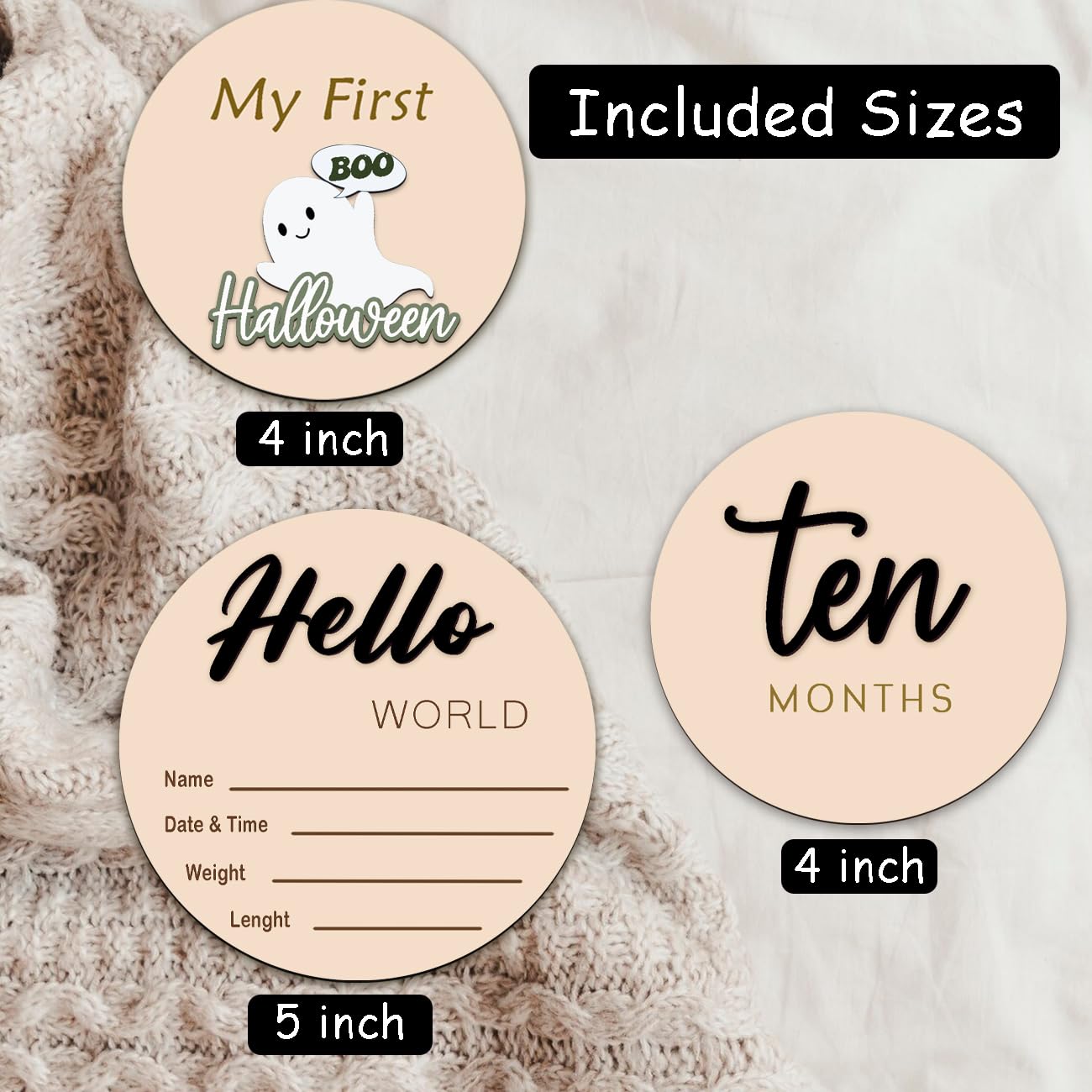Monthly Baby Milestone Maker Discs, Baby Milestone Signs for Newborn Baby, Hello World Newborn Sign for Girl & Boy, Baby Announcement Sign for 1-12 Month, Milestone Wooden Circles (Sage) (Black)