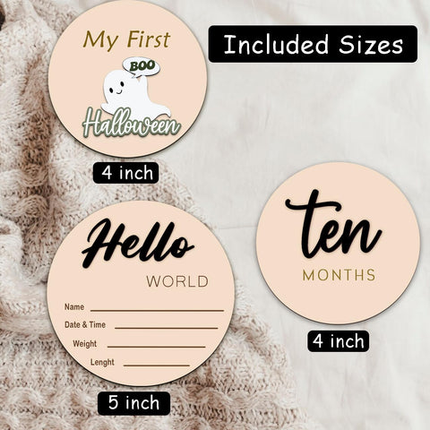 Monthly Baby Milestone Maker Discs, Baby Milestone Signs for Newborn Baby, Hello World Newborn Sign for Girl & Boy, Baby Announcement Sign for 1-12 Month, Milestone Wooden Circles (Sage) (Black)